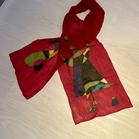 Hand painted red silk chiffon abstract modernist scarf 12” x 68” - Picture 4 of 7